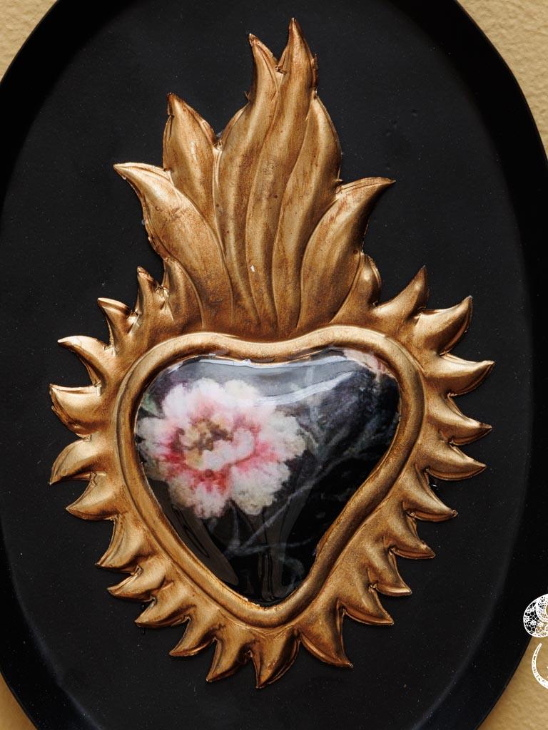 Cœur ex-voto fleuri sur cadre ovale noir #44476 chehoma